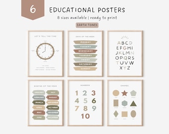 Set of Educational Posters 6 Homeschool Prints Montessori Classroom Decor Toddler Playroom Decor Preschool Poster Printables Earth Tones