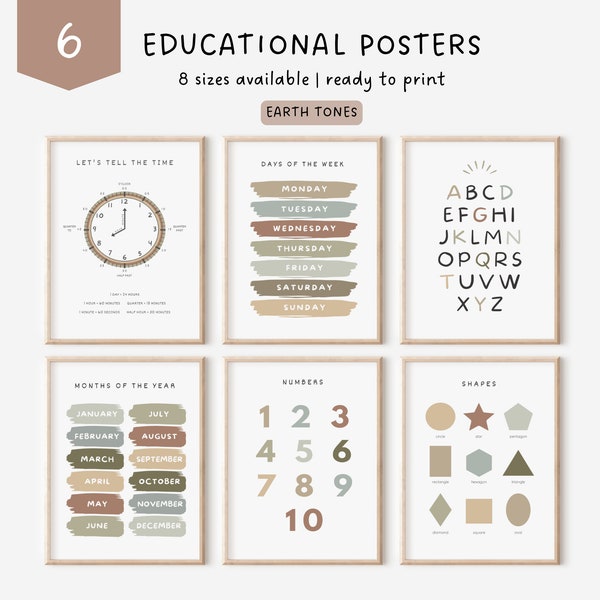 Set of Educational Posters 6 Homeschool Prints Montessori Classroom Decor Toddler Playroom Decor Preschool Poster Printables Earth Tones