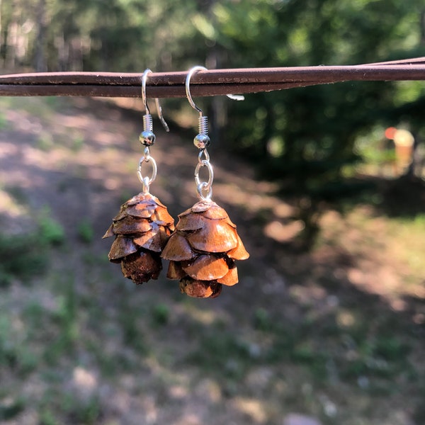 Miniature Pinecone Earrings  - Clear Resin Coating - Nature Jewelry