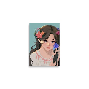 Museum-Quality Poster – Girl with Flowers in Hair and Hands Soft Pastel Anime | Floral Aesthetic Wall Art | Minimalist Print | 阿侧 A Ce