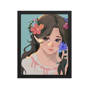 Framed Poster – Girl with Flowers in Hair and Hands Soft Floral Anime Wall Art | Framed Matte Print | Pastel Aesthetic Room Decor | 阿侧 A Ce