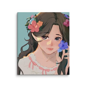 Canvas Print – Girl with Flowers in Hair and Hands Soft Anime Wall Art | Floral Aesthetic Canvas | Fade-Resistant Procreate Print | 阿侧 A Ce