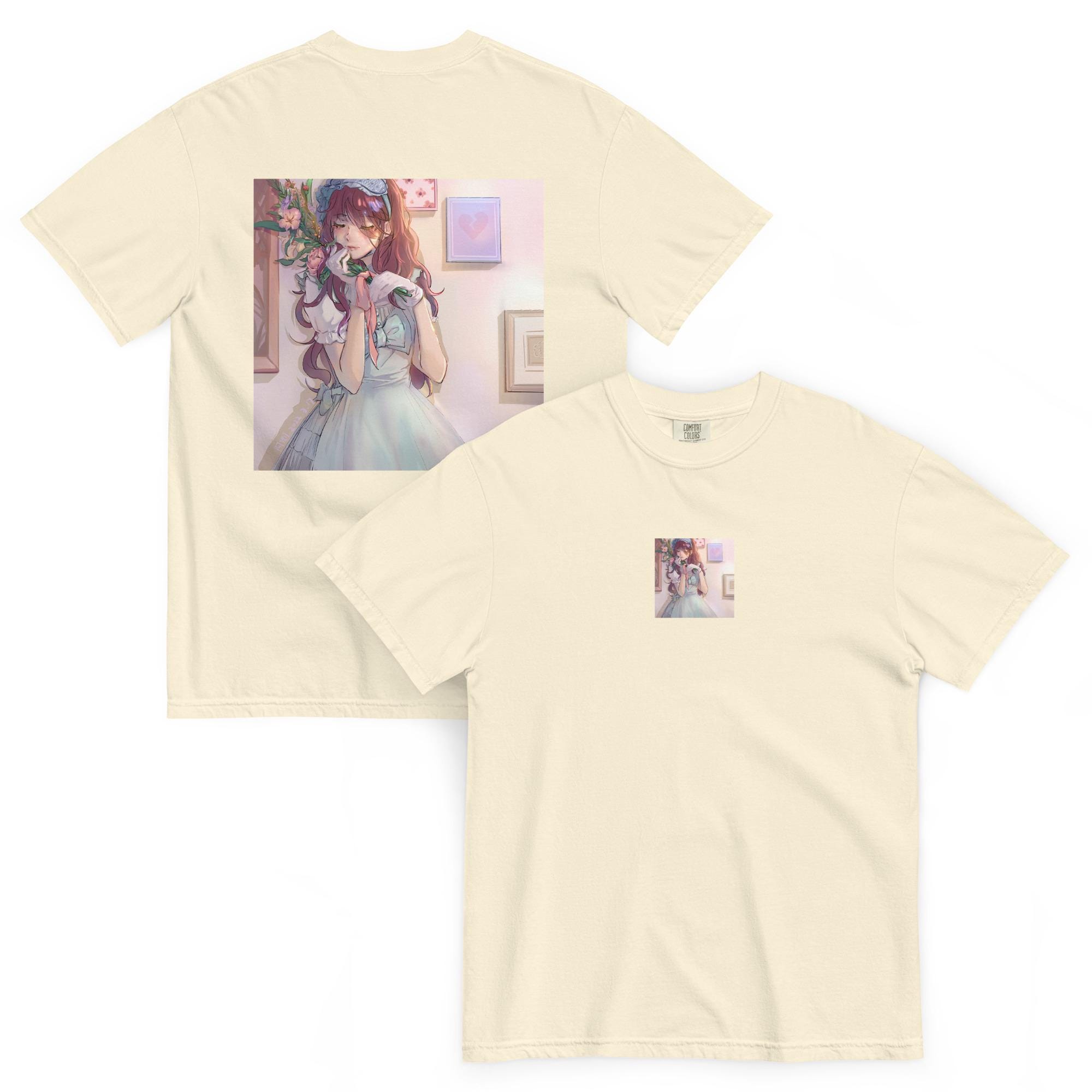 Anime Girl Holding Flowers T-Shirt – Soft Pastel Floral Tee | Unisex Gentle Aesthetic Shirt | Calm Anime Art by 阿侧 A Ce