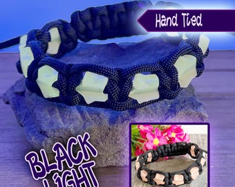Black Light Reactive Orange Star Bracelet, Neon Glow Rave Jewellery, Hand Tied Cording