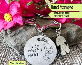 Hand Stamped Sassy Corgi Keychain: Brushed Stainless Steel Dog Charm (Double Impressions)