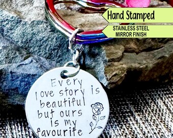 Hand Stamped Love Story Keychain: Stainless Steel Heart Charm