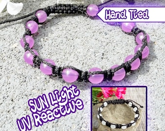 Fuchsia UV Reactive Beaded Cord Bracelet, Sunlight Color Changing Festival Jewelry