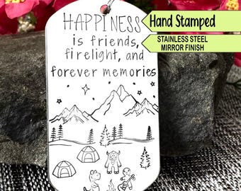 Hand Stamped Camping Keychain: Stainless Steel Scene, Star Charms
