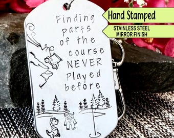 Hand Stamped Funny Golfing Scene Keychain: Stainless Steel