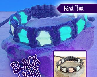 Black Light Reactive Multi-Colour Star Bracelet, Neon Glow Rave Jewellery, Hand Tied Cording