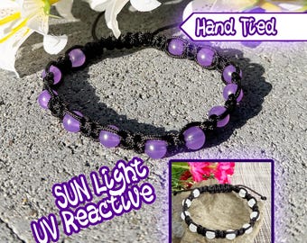 Violet UV Reactive Beaded Cord Bracelet, Sunlight Color Changing Festival Jewelry