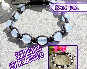 Sky Blue UV Reactive Beaded Cord Bracelet, Sunlight Color Changing Festival Jewelry