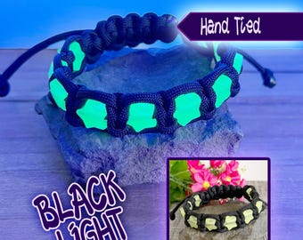 Black Light Reactive Yellow Star Bracelet, Neon Glow Rave Jewellery, Hand Tied Cording