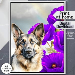 Biglietto scaricabile per qualsiasi occasione, "Grazie per il tuo cane da assistenza" viola, formato A2, interno vuoto, piega laterale o superiore, last minute, facile da stampare