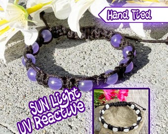 Dark Blue UV Reactive Beaded Cord Bracelet, Sunlight Color Changing Festival Jewelry