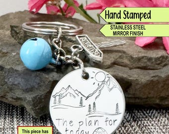 Hand Stamped Camping Keychain: Mountain Scene Stainless Steel (Double Impressions)