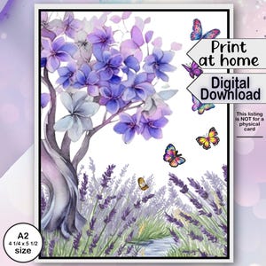 Fiori di lavanda, farfalle e alberi, per qualsiasi occasione, biglietto scaricabile, formato A2, interno vuoto, piega laterale o superiore, facile da stampare