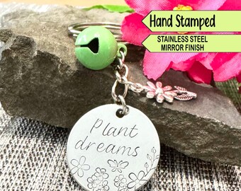 Hand Stamped Plant Dreams Keychain: Stainless Steel Flowers & Butterfly