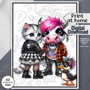 Biglietto scaricabile per qualsiasi occasione, mucca punk delle Highlands, amici goth, formato A2, interno vuoto, piega laterale o superiore, last minute, facile da stampare
