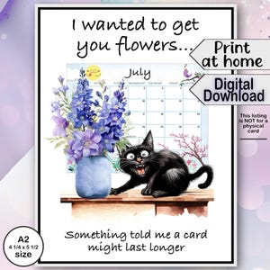 Tarjeta descargable para cualquier ocasión, con flor de nacimiento: gato gracioso de espuela de caballero de julio, tamaño A2, interior en blanco, doblado lateral o superior, ideal para última hora, fácil de imprimir.