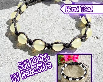 Yellow UV Reactive Beaded Cord Bracelet, Sunlight Color Changing Festival Jewelry