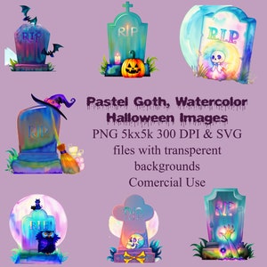 Pastel Watercolor Halloween Clipart Bundle - Ghosts, Witches, Bats, Pumpkins, Skeletons, and Monsters - Set of 7