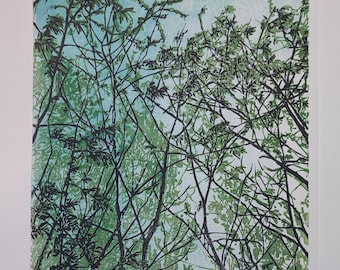 Young Trees - Original Linocut / Woodblock Print Large Handcarved Relief Block Print Fine Art Spring Forest Trees Canopy