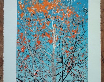Autumn Tree Linocut Print Original Reduction Linoprint 'Flow (Autumn)' Limited Edition Art Fall Season Relief Block Artwork