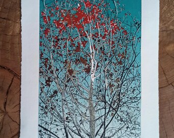 Winter Tree Original Linocut Print Reduction Linoprint Four Seasons Variable Limited Edition Art Relief Block Print