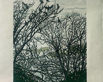 Woodblock Print Original Woodcut Herons on Trees Wood Grain Landscape Japanese Paper Handcarved Art Waterside Birds