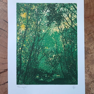 Original Linocut and Woodblock Print &#39;Passage&#39; Forest Trees Art Handmade Large Linoprint Relief Block Print
