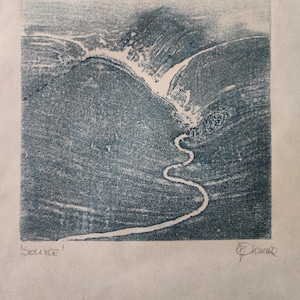 Gravura original em xilogravura 'Fonte' | Arte japonesa Moku Hanga | Impressão artística de paisagem com textura de madeira