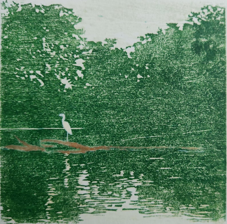 May include: A square print featuring a white egret standing on a brown log floating in dark green water. The background consists of dense, textured green foliage and trees, rendered in a monochromatic green ink style with visible cross-hatching.