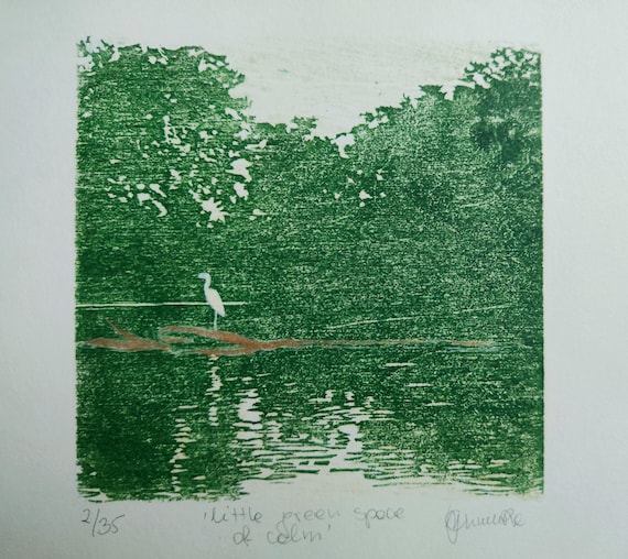 Crane Woodblock Print, Original Woodcut 'little green space of calm', Small Print, Japanese Paper, Handcarved Relief Print