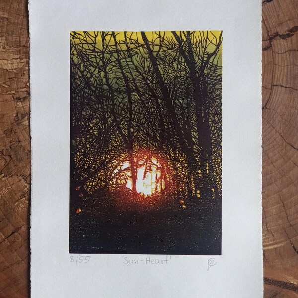Original Linocut Print 'Sun - Heart' Handmade Limited Edition Fine Art Lino Print Forest Trees Handcarved Relief Block Print
