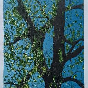 Tree of Lights - Woodblock Print Original Woodcut Color Reduction Print Limited Edition Fine Art Gift Relief Block Print A4 Size Print
