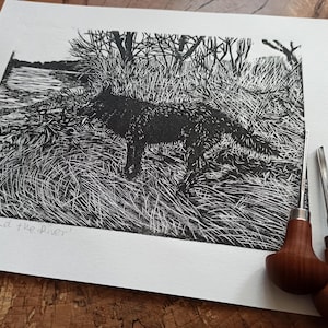 The Dog and The River - Original Linocut | Handmade Relief Print | Linoprint | Hand printed | Linocut print | Block print