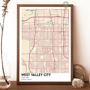 Kaart van West Valley City, Utah UT, plattegrond van West Valley City, West Valley City afdrukken, posterkaart van West Valley City, poster van West Valley City, poster van West Valley City