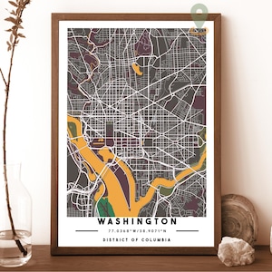 Washington DC kaart afdrukken, District of Columbia VS kaart kunstposter, Washington DC cadeau, stratenplan afdrukken, wanddecoratie,