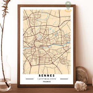 Carte de Rennes, impression de carte de Rennes, carte personnalisée de Rennes, art mural Rennes, affiche de voyage de Rennes, poster de Rennes, photo de Rennes, Rennes France