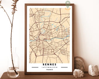 Carte de Rennes, impression de carte de Rennes, carte personnalisée de Rennes, art mural Rennes, affiche de voyage de Rennes, poster de Rennes, photo de Rennes, Rennes France