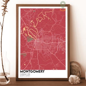 Carte de Montgomery, impression de carte de Montgomery, carte personnalisée d'impression de Montgomery, art mural Montgomery, ville de Montgomery, Montgomery en Alabama