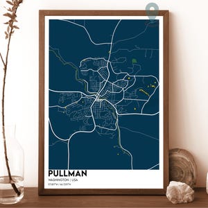 Pullman-kaart, Pullman-kaartafdruk, gepersonaliseerde Pullman-kaart, Pullman-stad, Pullman-reisposter, Pullman-poster, Pullman-kaart van Washington