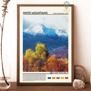 Witte bergen print, witte bergen muurkunst, witte bergen poster, witte bergen foto, witte bergen decor, New Hampshire print