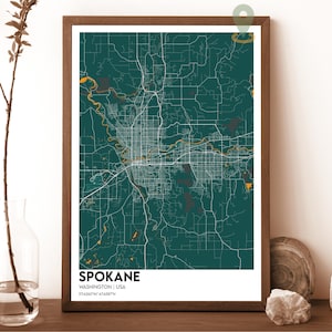 Spokane-kaart, Spokane-kaartafdruk, Spokane-gepersonaliseerde kaart, Spokane-stad, Spokane-reisposter, Spokane-poster, Spokane-kaart, Spokane-Washington-kaart