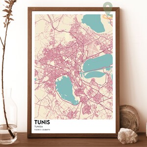 Carte de Tunis, impression de carte de Tunis, carte personnalisée de Tunis, art mural Tunis, affiche de voyage de Tunis, affiche de Tunis, photo de Tunis, affiche de Tunis Tunisie
