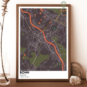 Carte de Bonn, impression de carte de Bonn, carte personnalisée de Bonn, art mural Bonn, affiche de voyage de Bonn, affiche de Bonn, affiche du Paraguay, affiche d'Allemagne, ville de Bonn