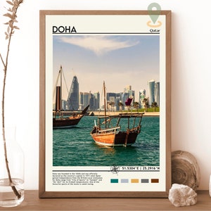 Impresión de Doha, póster vintage, arte de Doha, póster de Doha, foto de Doha, impresión de póster de Doha, decoración de pared de Doha, póster de Qatar, paisaje urbano de Doha, regalo de viaje