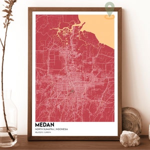 Mapa de Medan, impressão de mapa de Medan, mapa personalizado de Medan, arte de parede de Medan, pôster de viagem de Medan, pôster de Medan, pôster de Medan Sumatra indonésia