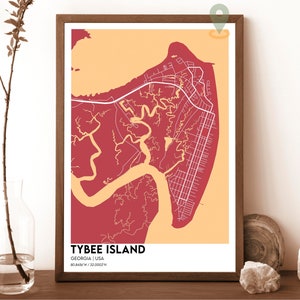 Carte de Tybee Island, impression de carte de Tybee Island, carte personnalisée de Tybee Island, art mural Tybee Island, Tybee Island en Géorgie, art de carte de Tybee Island